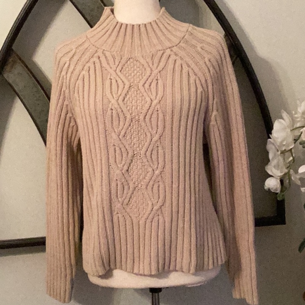 LIZ CLAIBORNE Cotton Knit Cable & Ribbed Light Tan Long Sleeve S…
